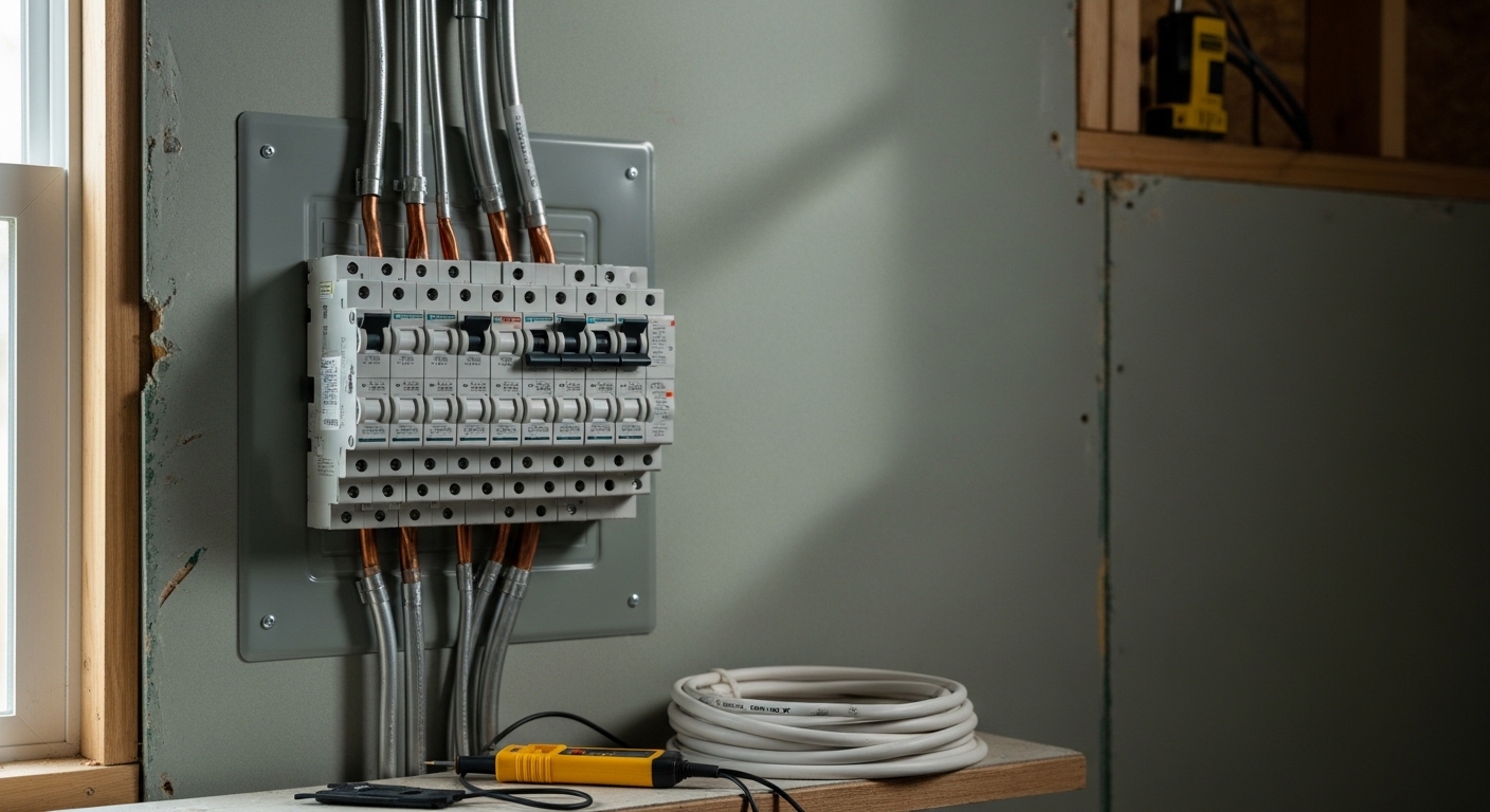 Electrician installing wiring and electrical panel in Portland home