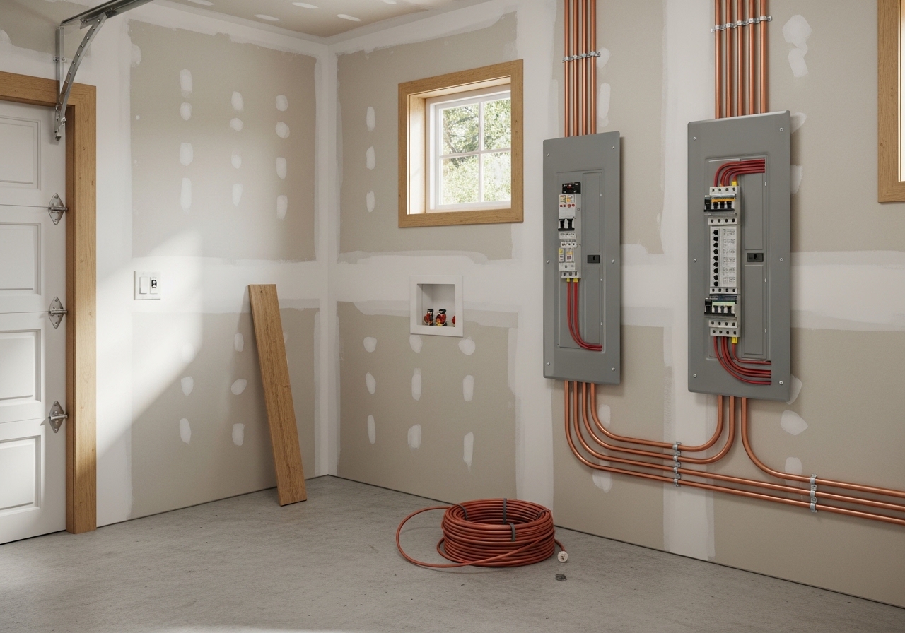 New 200-amp electrical panel installed in Lake Oswego home garage, showing main breaker and organized branch circuits