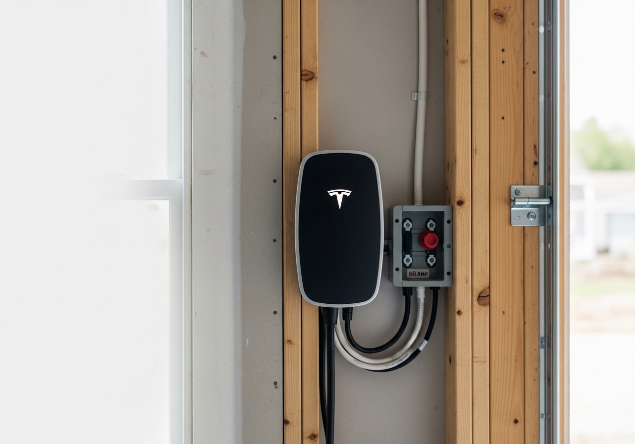 Tesla Wall Connector mounted in garage of new Lake Oswego home construction