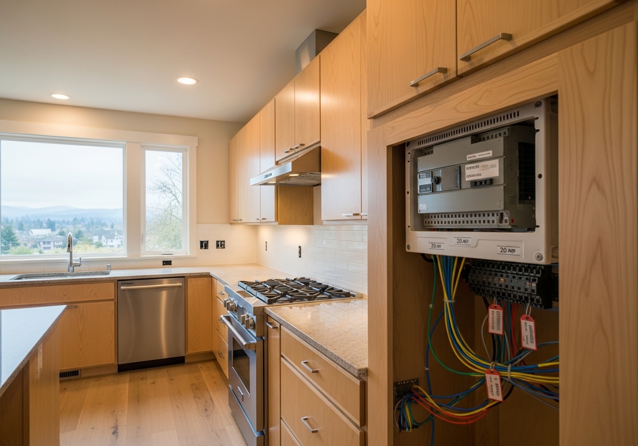 Modern kitchen with new recessed LED lighting and visible electrical outlets installed during Portland remodel