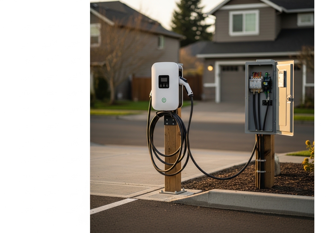 White Level 2 EV charger mounted on pedestal in Beaverton driveway, ready for Tesla charging