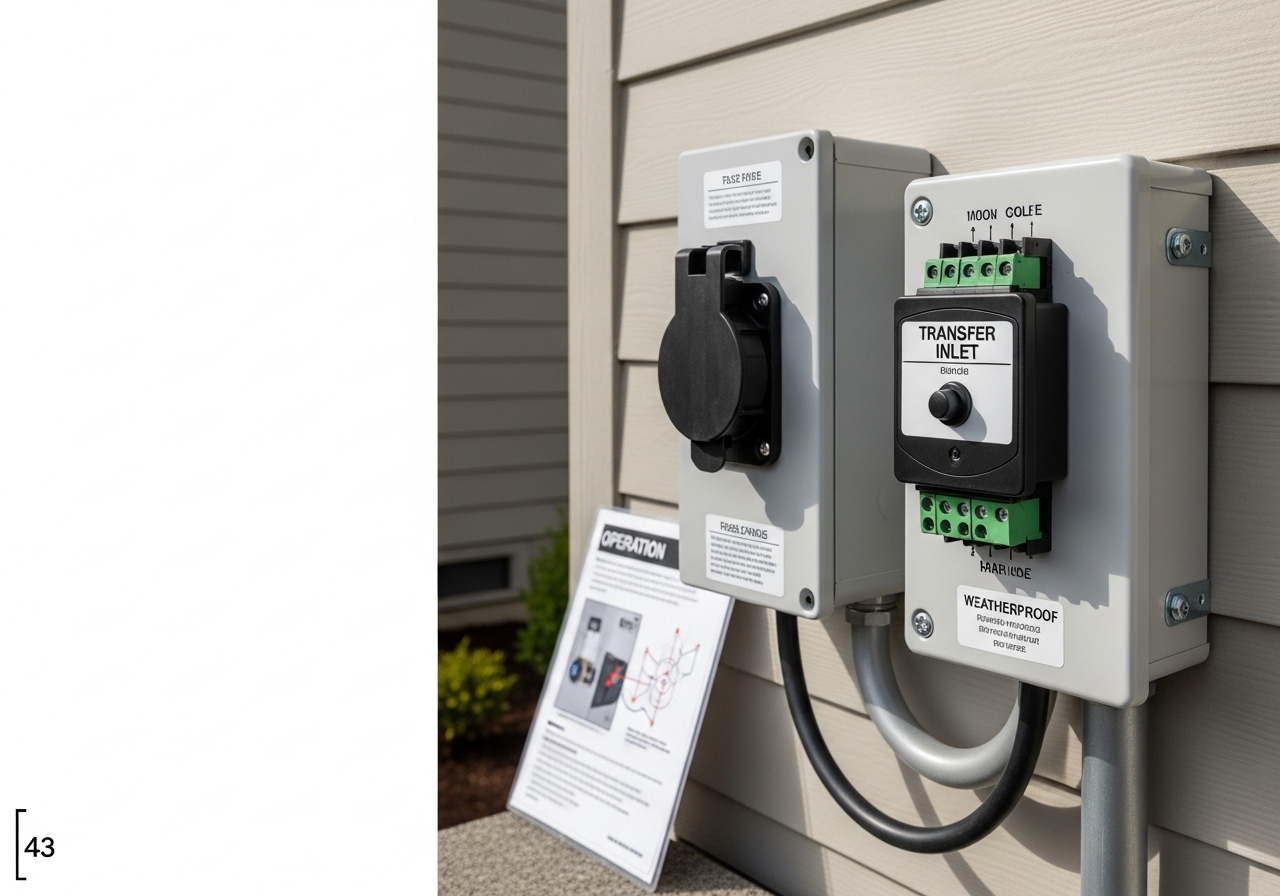 Exterior generator inlet box and manual transfer switch installed on Hillsboro home for portable generator backup