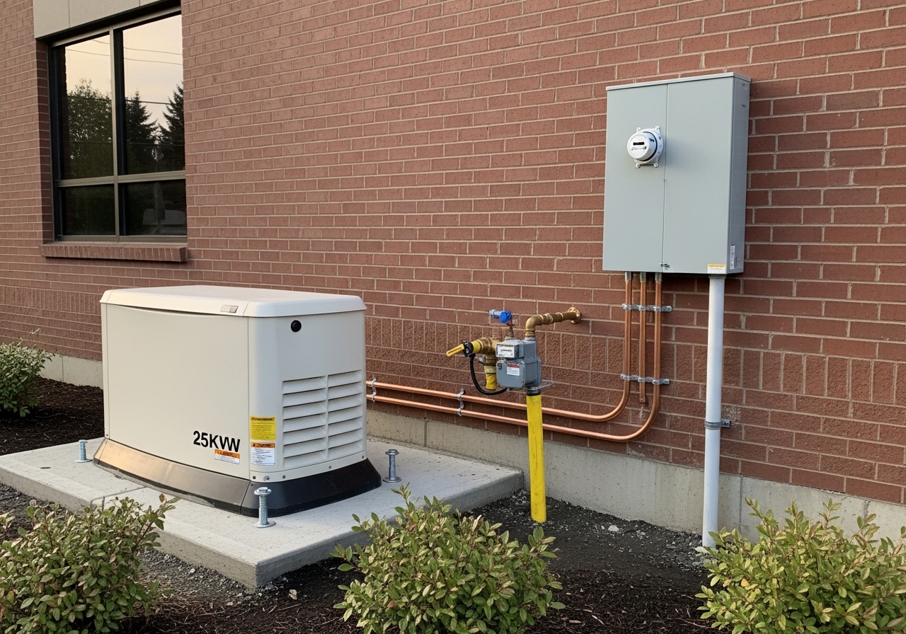 25kW standby generator installed outside Hillsboro medical office with automatic transfer switch visible