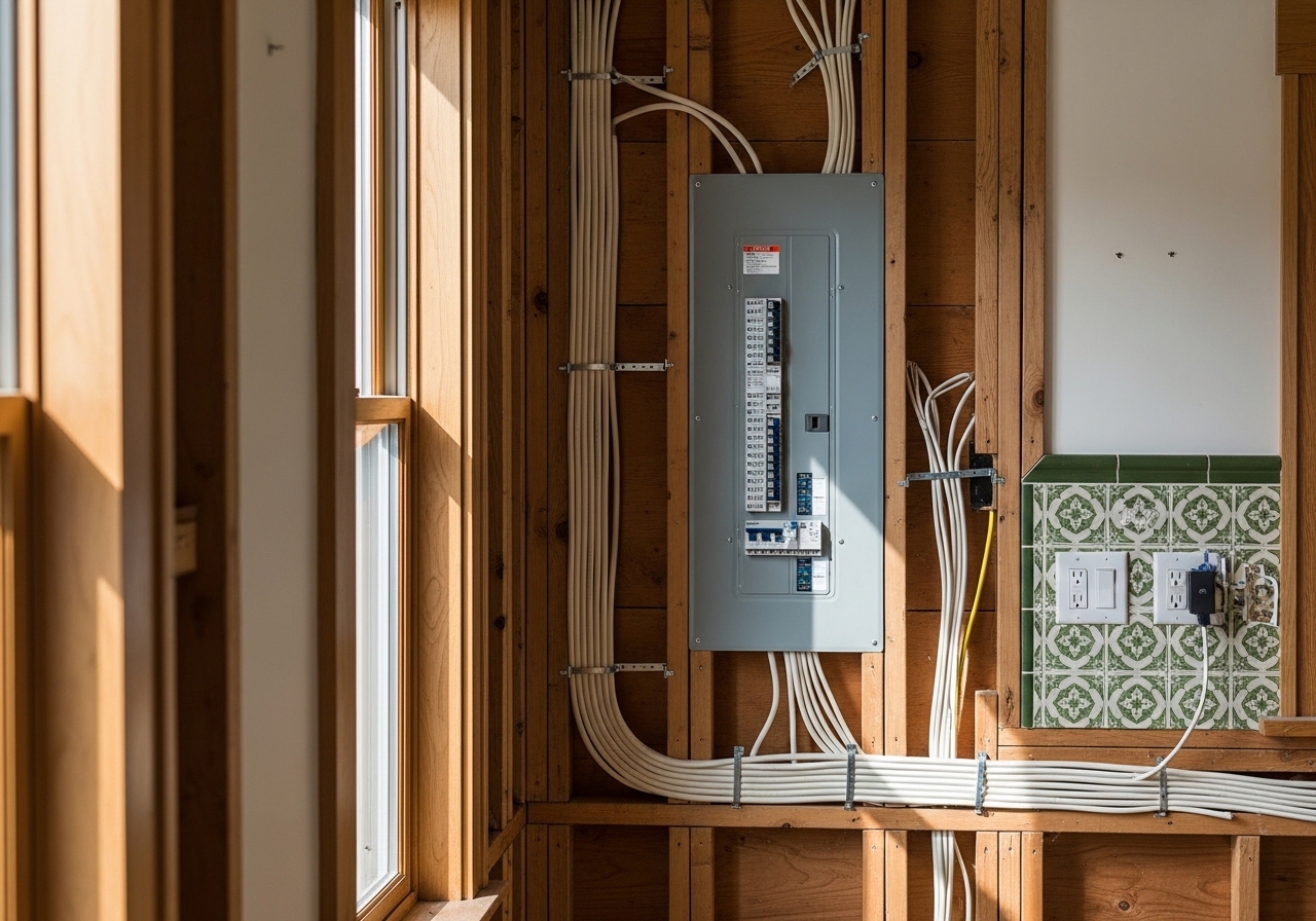 Interior walls of Portland craftsman home showing new electrical wiring installation during renovation