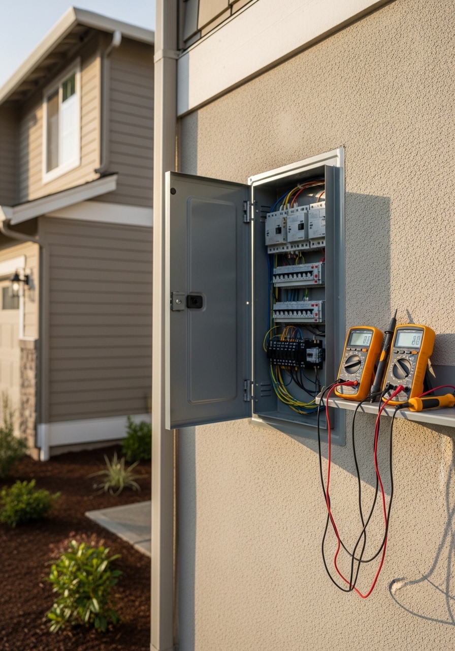 SilverLine electrician in work gear standing beside a residential electrical panel, ready to perform an upgrade.