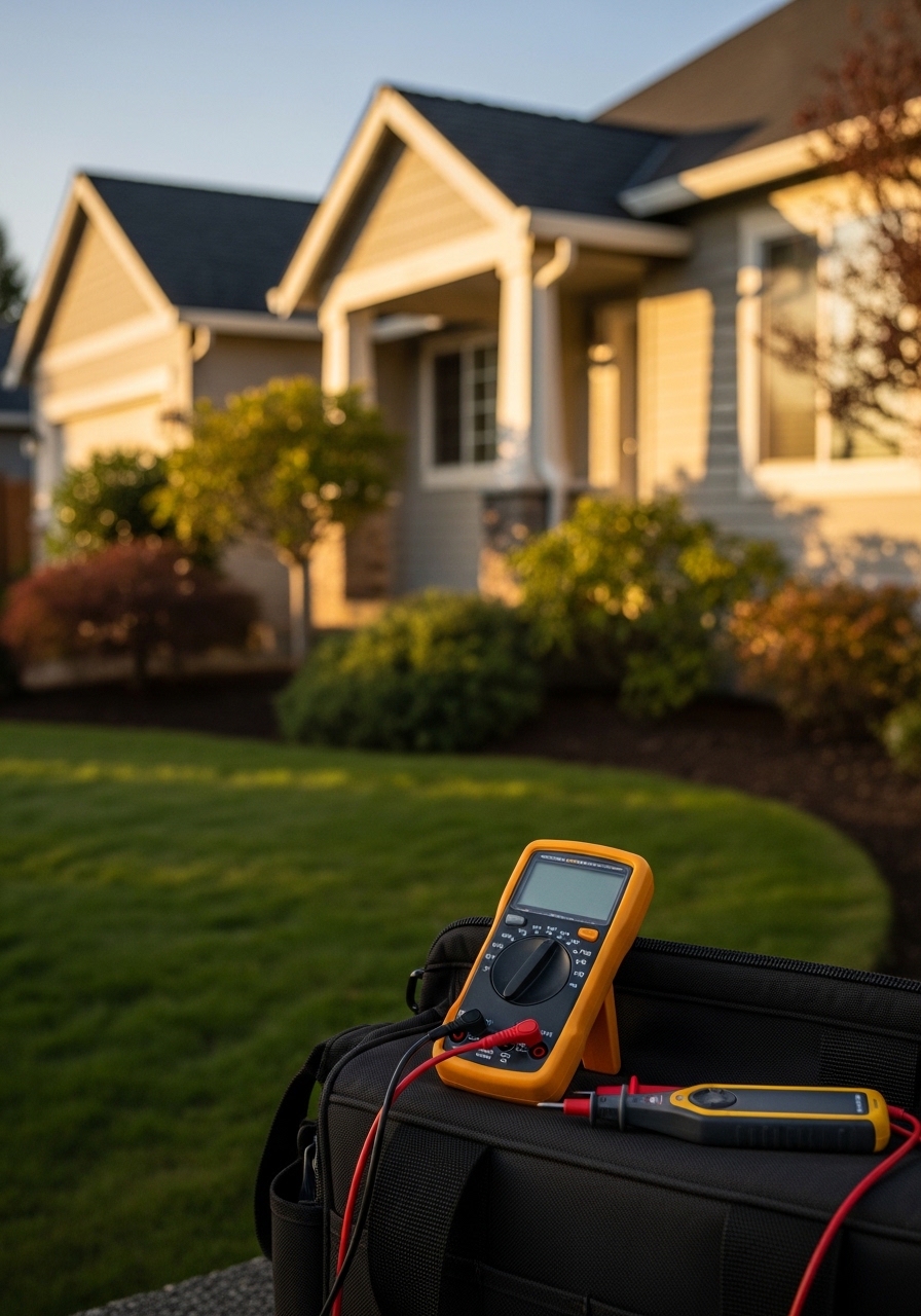 SilverLine technician holding electrical testing equipment in front of a Hillsboro residential property.