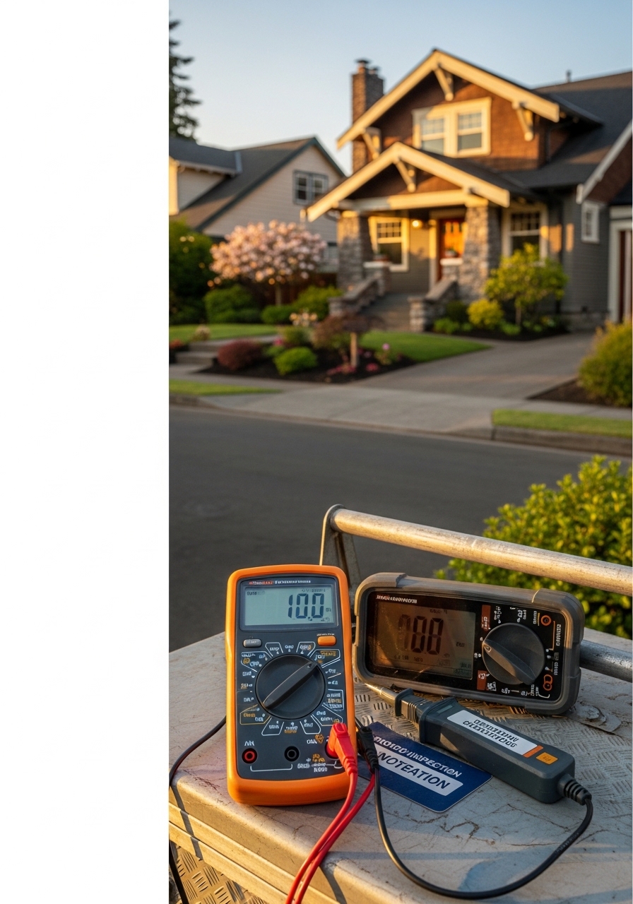 Licensed SilverLine electrician standing in front of a Lake Oswego residential property, holding diagnostic equipment.