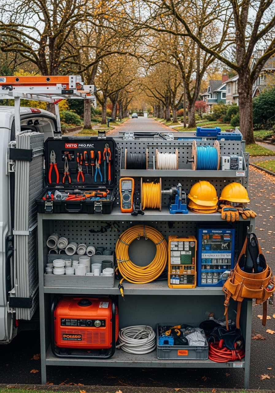 Licensed electrician in SilverLine uniform standing in front of a Portland residential property, holding electrical equipment.