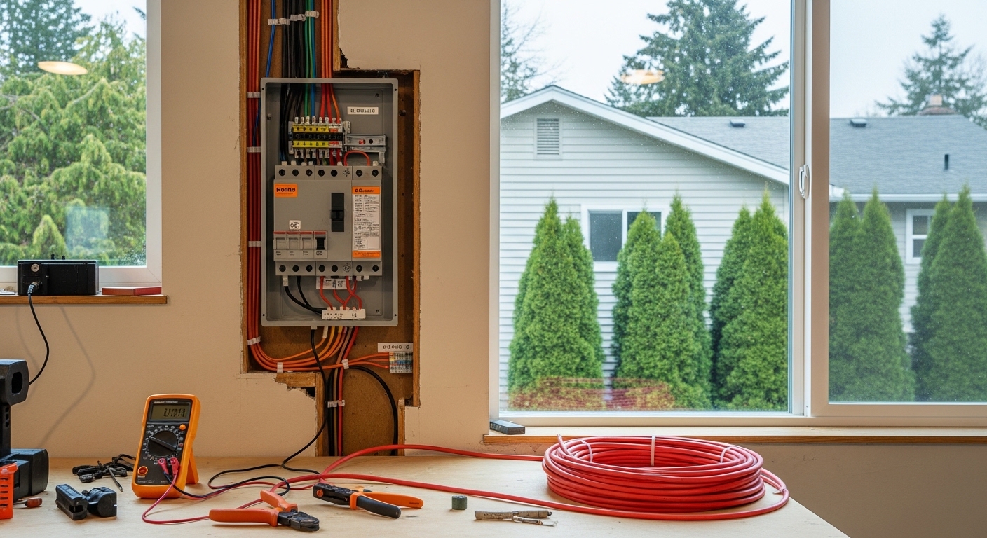 Master electrician installing a modern electrical panel in a Portland home, with tools and code-compliant wiring visible.