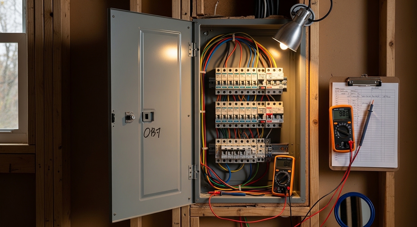 A licensed electrician inspecting an open residential electrical panel in a Portland, OR home, checking circuit breakers and wiring connections for code compliance. Close-up view shows labeled breakers and visible wiring inside the panel box.