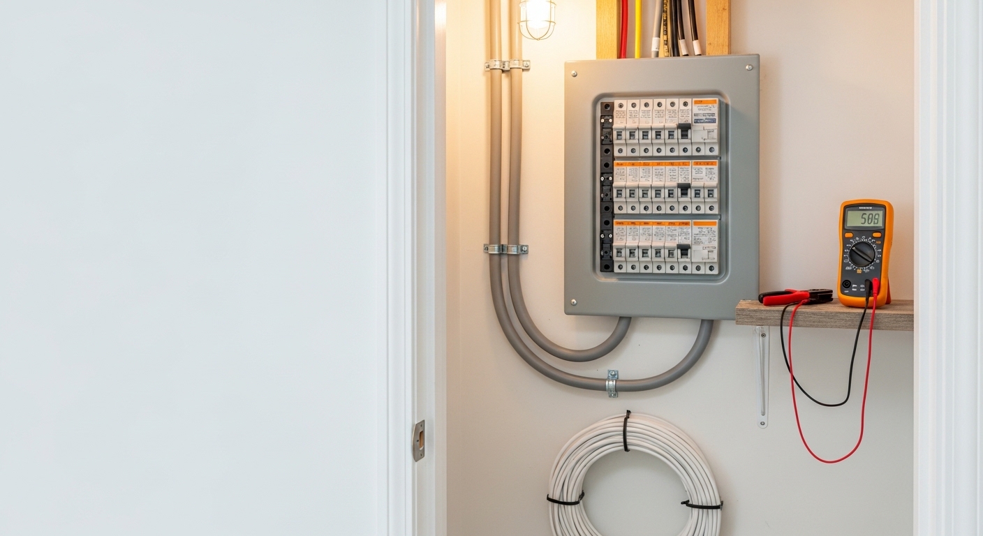 A licensed electrician installs a new residential electrical panel in a Portland, OR home. The upgraded breaker box is mounted on an interior wall, with clearly labeled circuits and modern wiring connections.