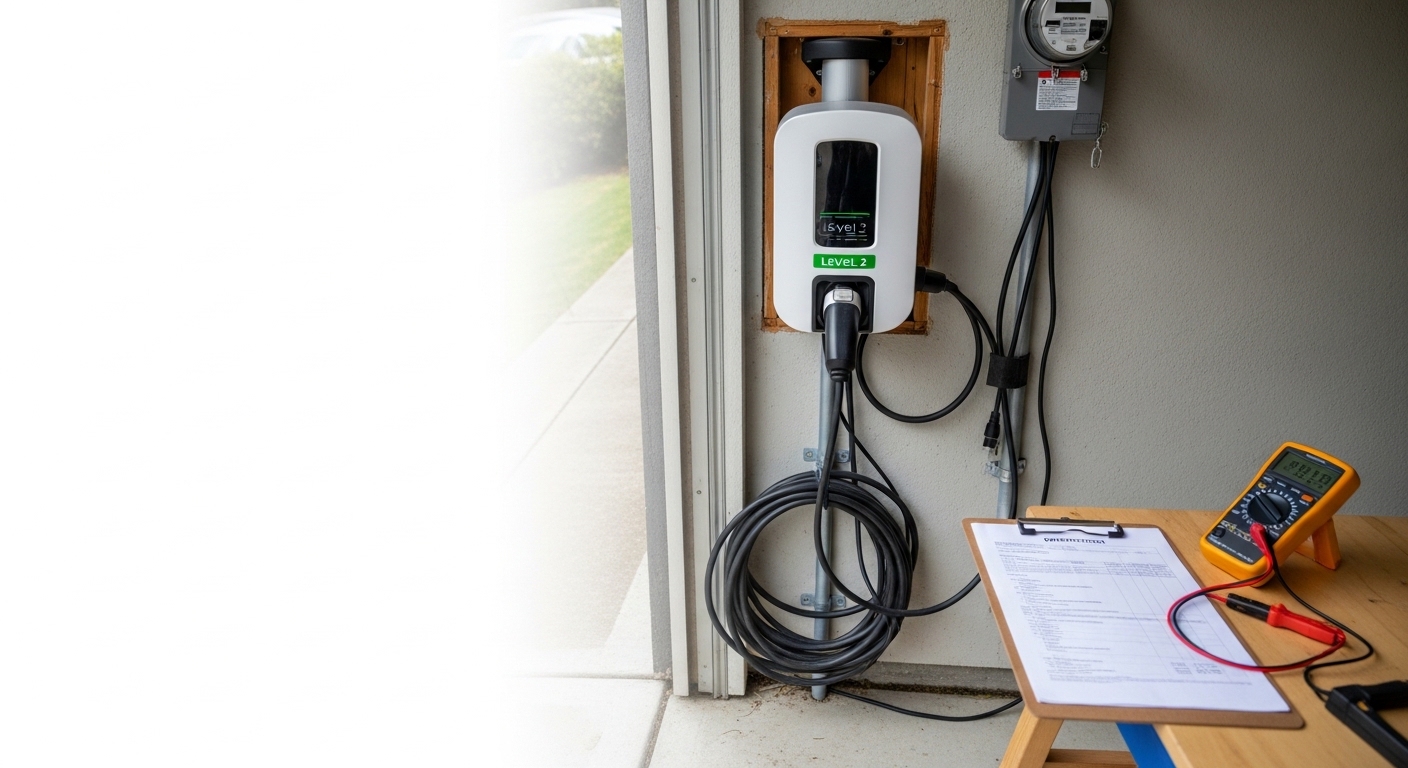 A Level 2 EV charger mounted on the interior wall of a residential garage in Portland, OR, with a dedicated 240V circuit running to the electrical panel. The charger cord hangs neatly beside a parked electric vehicle.