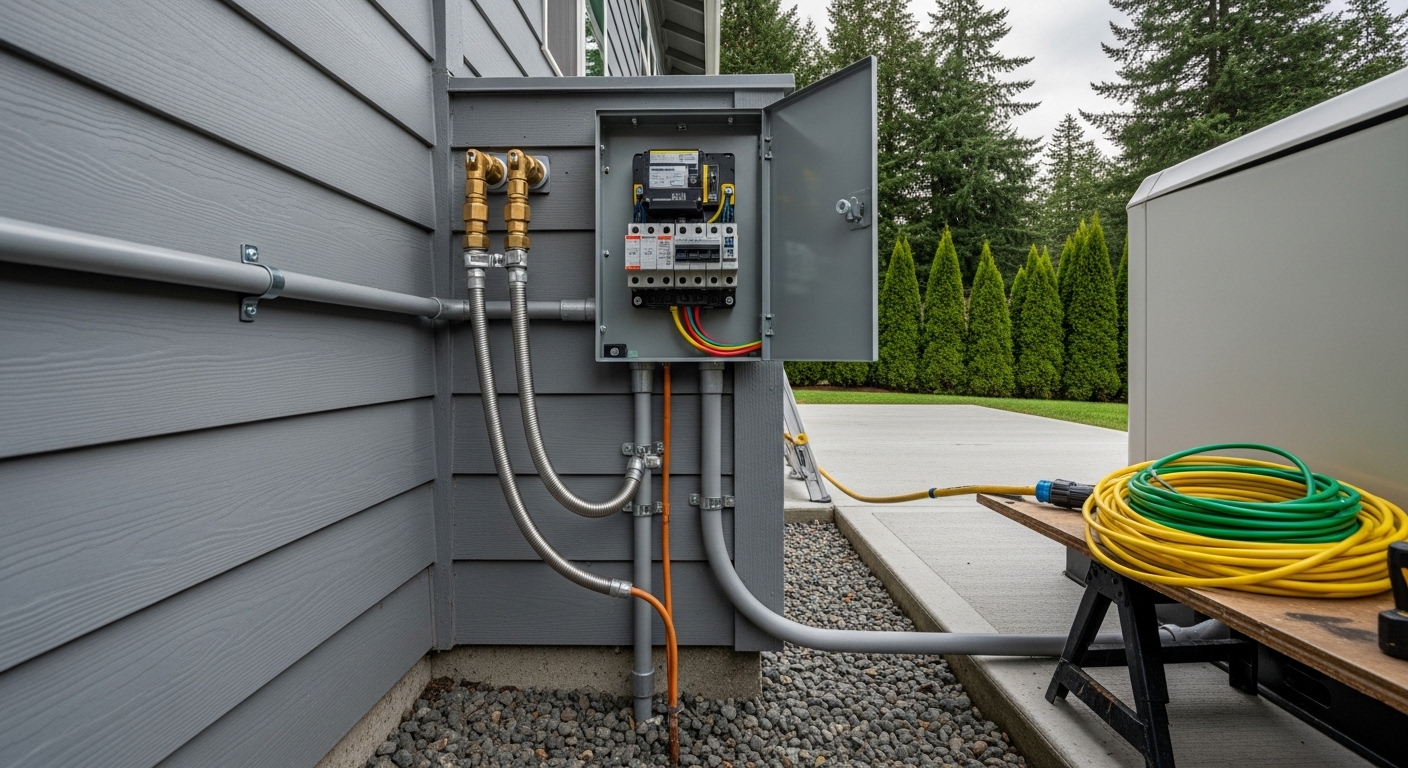 A licensed electrician connects a transfer switch to a residential electrical panel during a generator hookup at a Portland, OR home. The outdoor standby generator unit sits on a concrete pad beside the house.