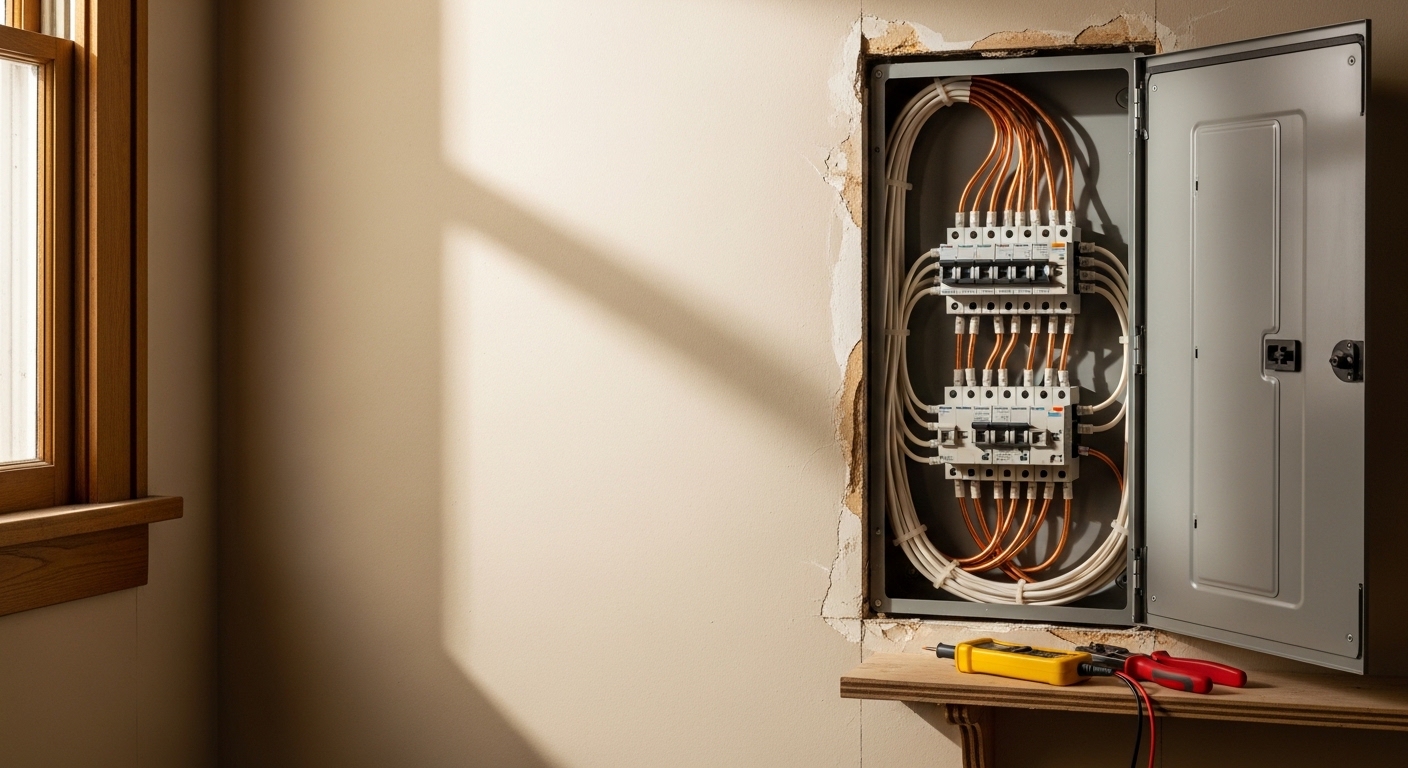 A licensed electrician running new copper wiring through an open wall cavity inside an older Portland, OR home during a residential rewiring project. New cable, outlets, and a circuit panel are visible in the foreground.
